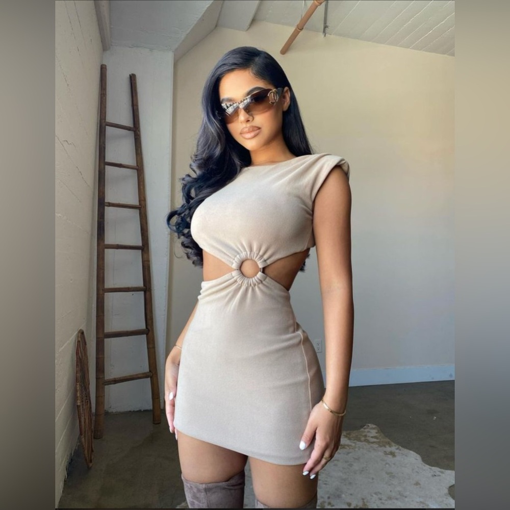 NWT Fashion Nova Josie Shoulder Pad Mini Dress Taupe Small